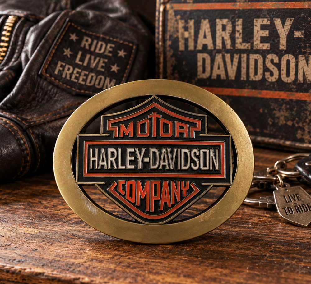 Harley Davidson Motor Company Bar Shield Belt Buckle Gold Tone Black Orange 4"